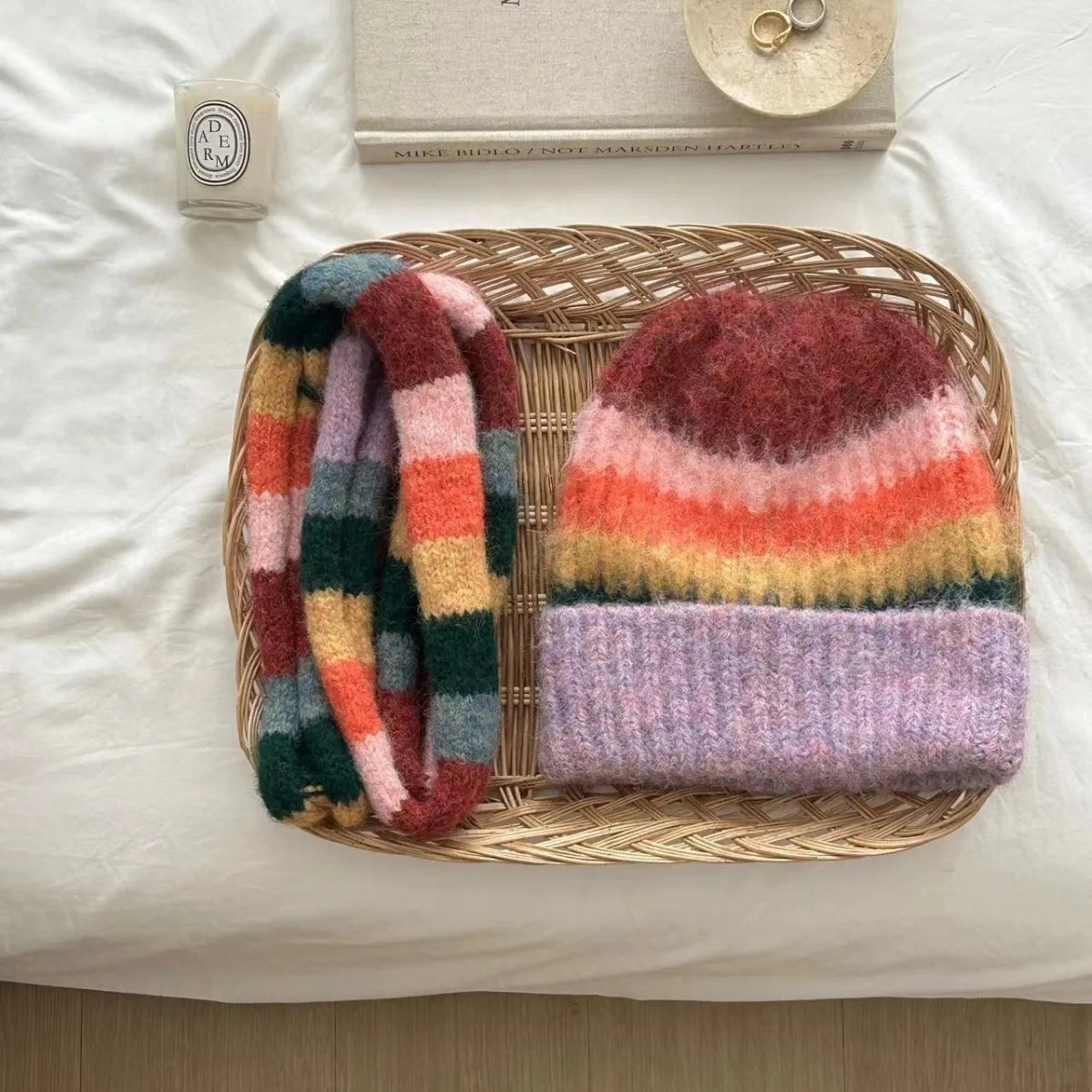 Rainbow Striped Beanie & Scarf Set – Wool Blend Winter Accessories for Men & Women