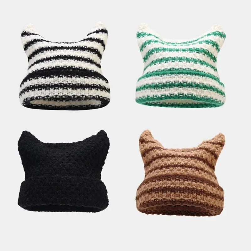 Harajuku Cat Ear Beanie – Japanese Streetwear Striped Knit Hat for Women