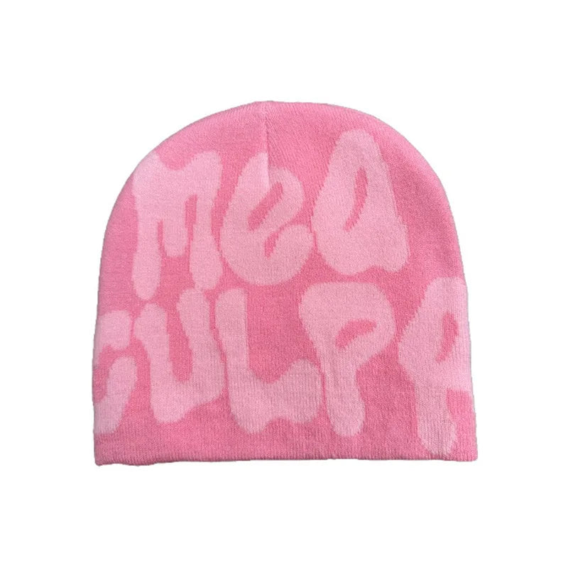 Mea Culpa Y2K Kpop Beanie – Letter Knit Cap for Women
