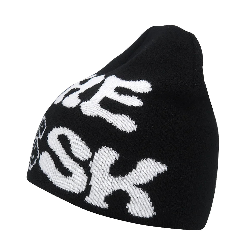 Y2K Letter Cargo Beanie – Polyester Knit Skull Cap for Men & Women