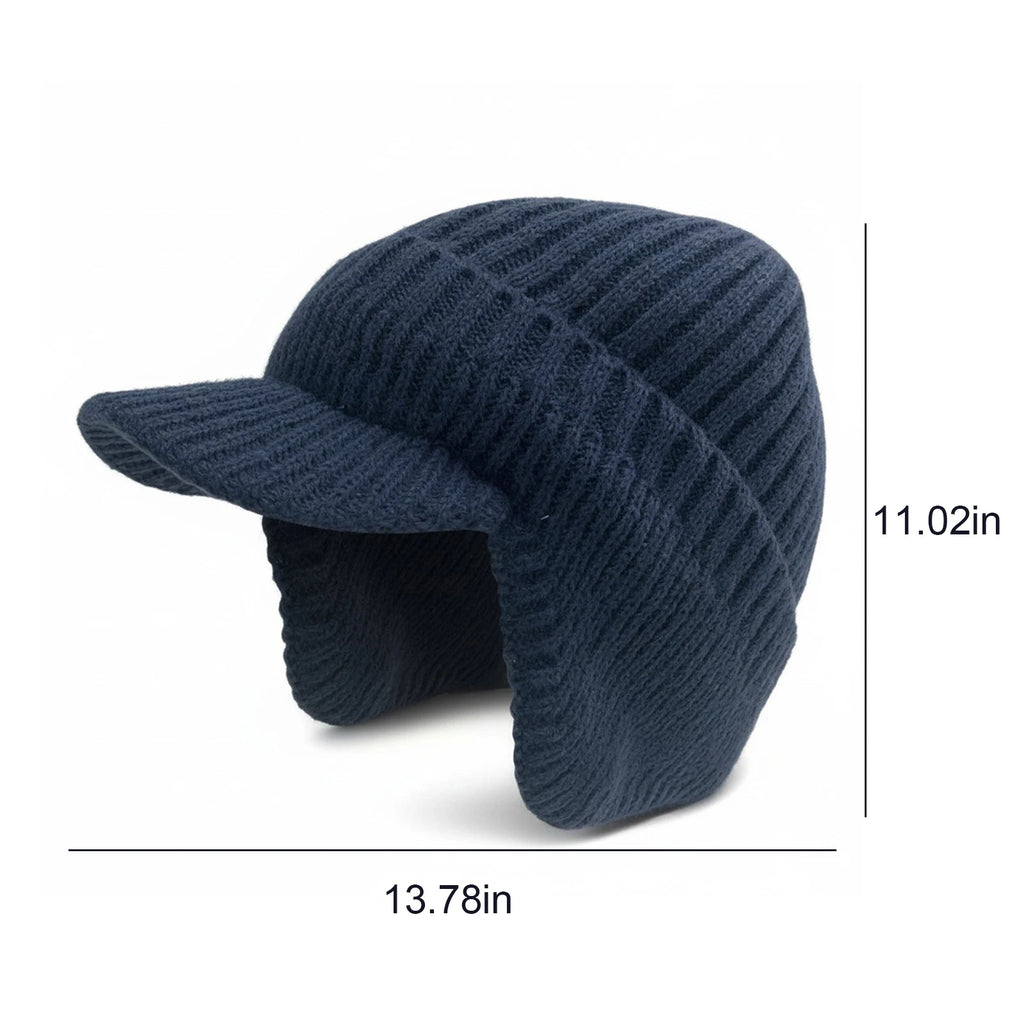 Fleece-Lined Earflap Beanie – Plush Knit Winter Hat with Visor for Men & Women