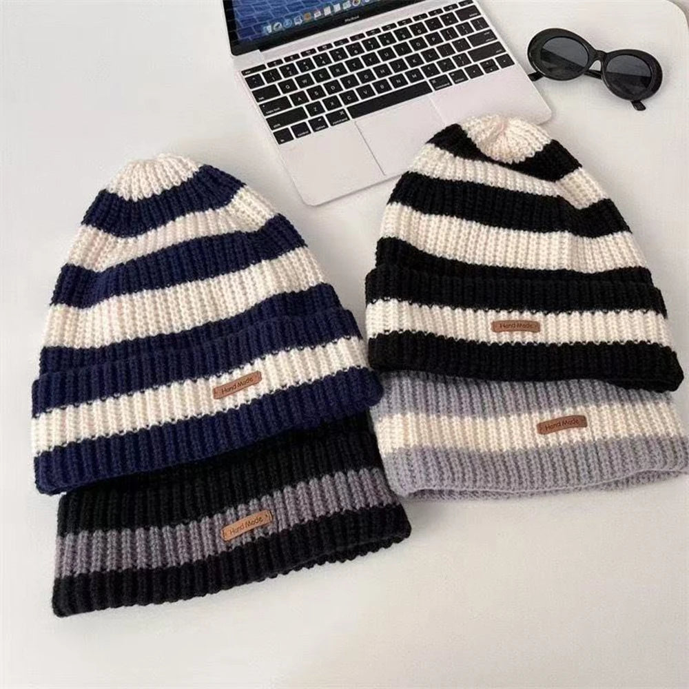 Slouchy Stripe Knit Beanie – Relaxed Streetwear Winter Hat for Women & Men