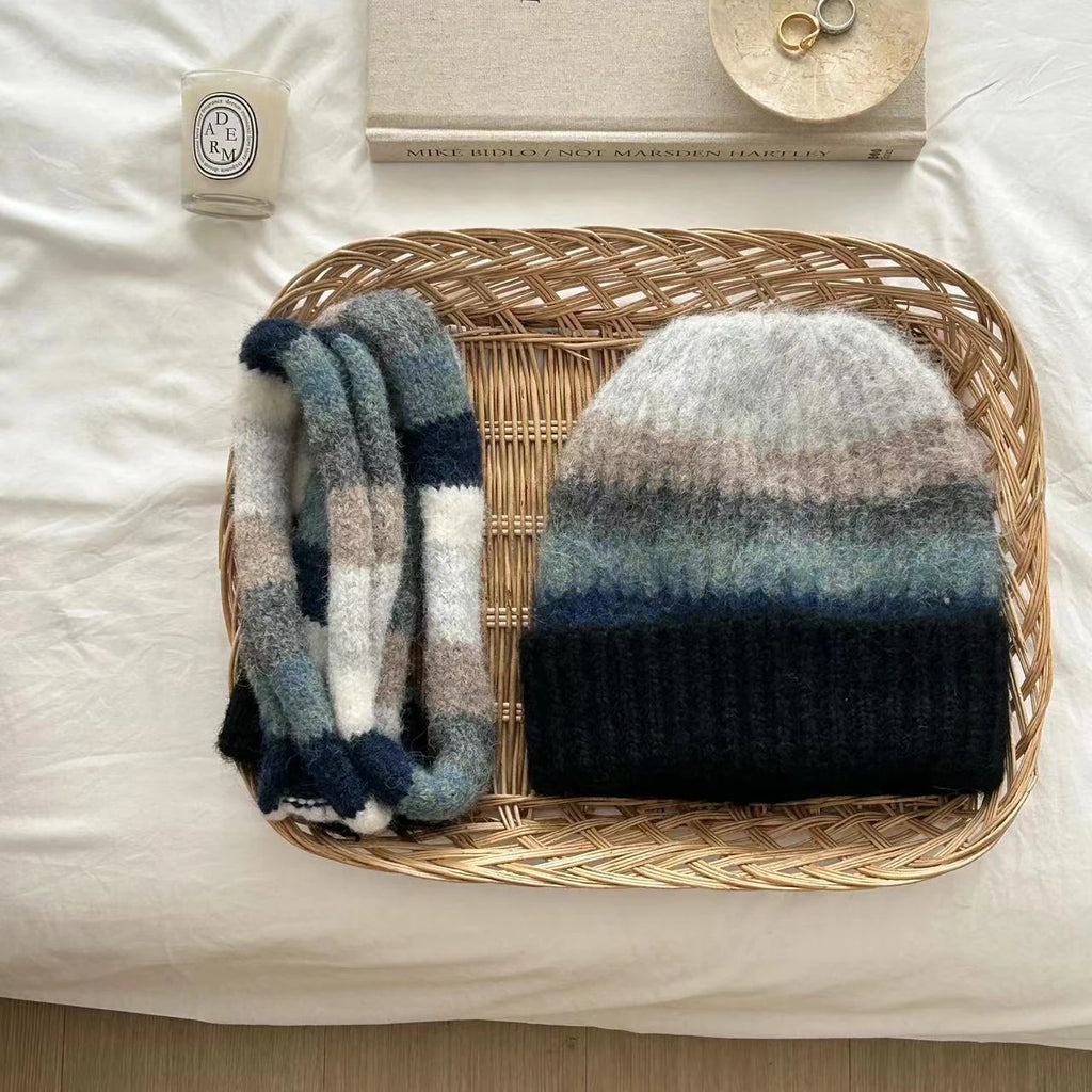 Rainbow Striped Beanie & Scarf Set – Wool Blend Winter Accessories for Men & Women