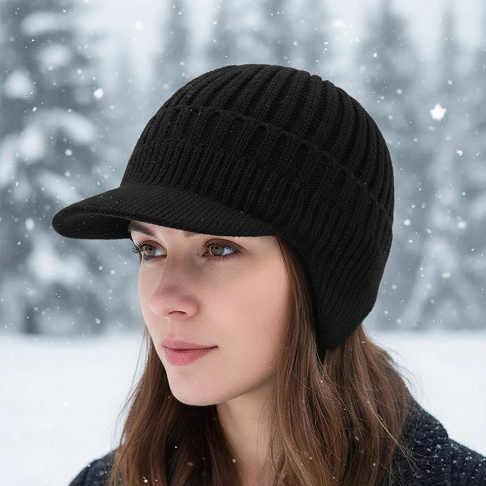Fleece-Lined Earflap Beanie – Plush Knit Winter Hat with Visor for Men & Women