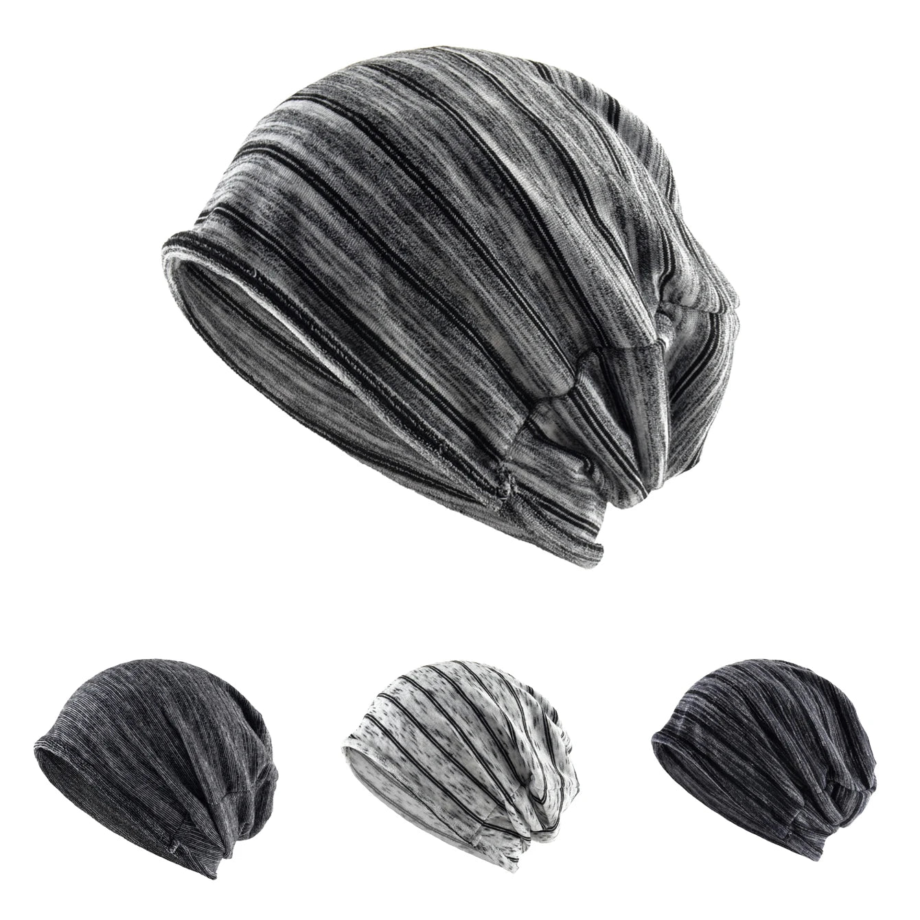 Striped Slouch Beanie – Polyester Viscose Knit Slouchy Hat for Men & Women