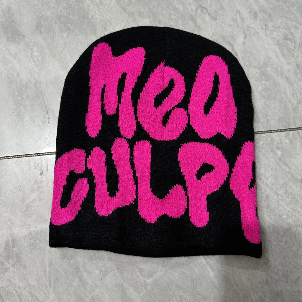 Mea Culpa Y2K Kpop Beanie – Letter Knit Cap for Women