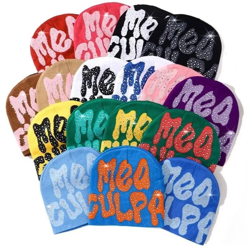 Mea Culpa Rhinestone Beanie – Y2K Hip-Hop Knit Hat for Men & Women