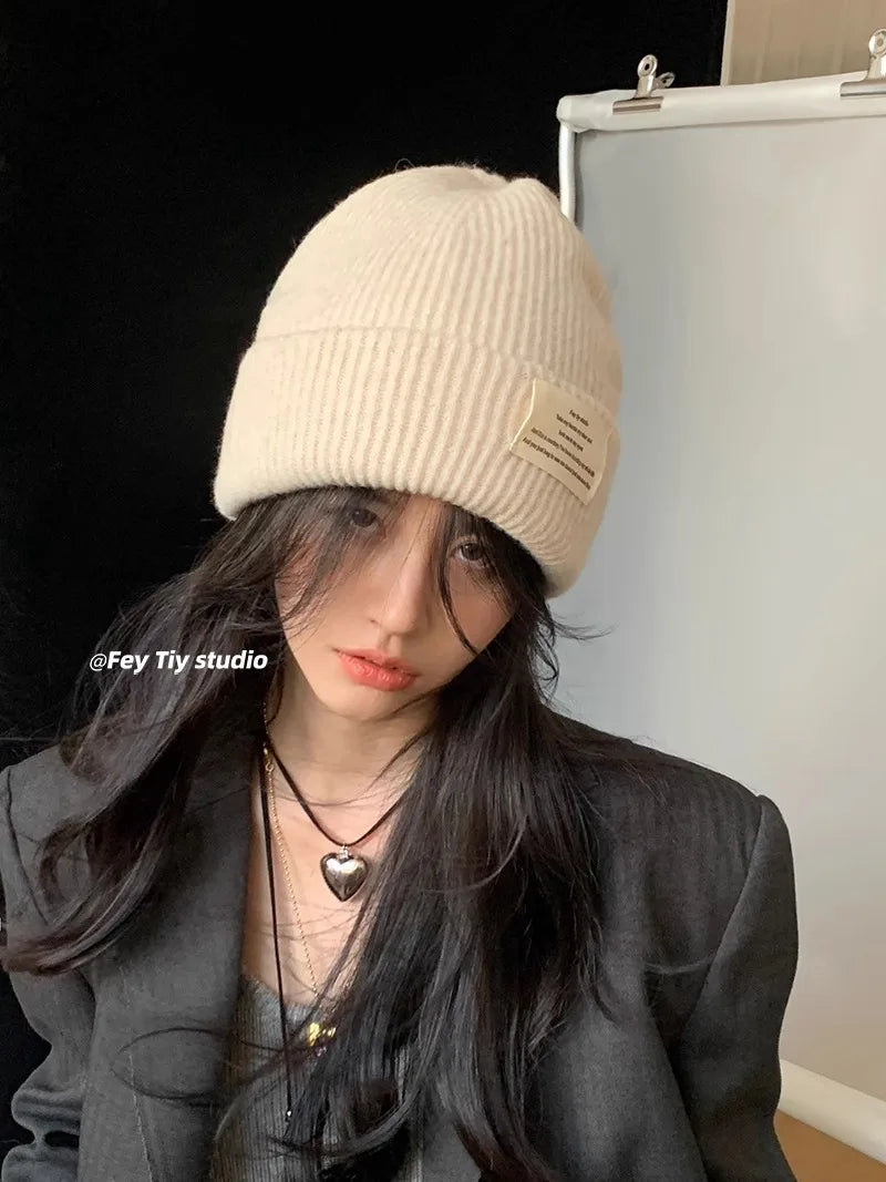 Chunky Oversized Wool Beanie – Wool Polyester Blend Korean Aesthetic Knit Hat for Women