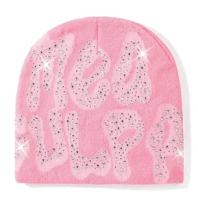 Mea Culpa Rhinestone Beanie – Y2K Hip-Hop Knit Hat for Men & Women