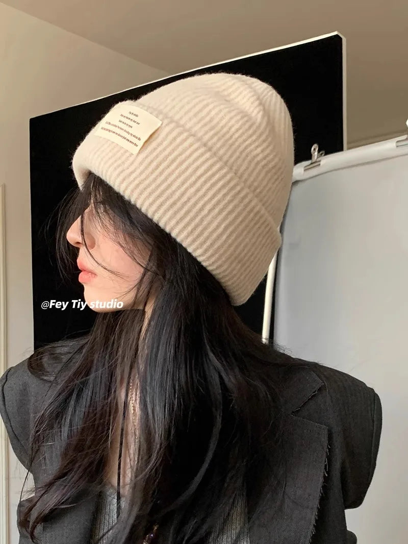 Chunky Oversized Wool Beanie – Wool Polyester Blend Korean Aesthetic Knit Hat for Women