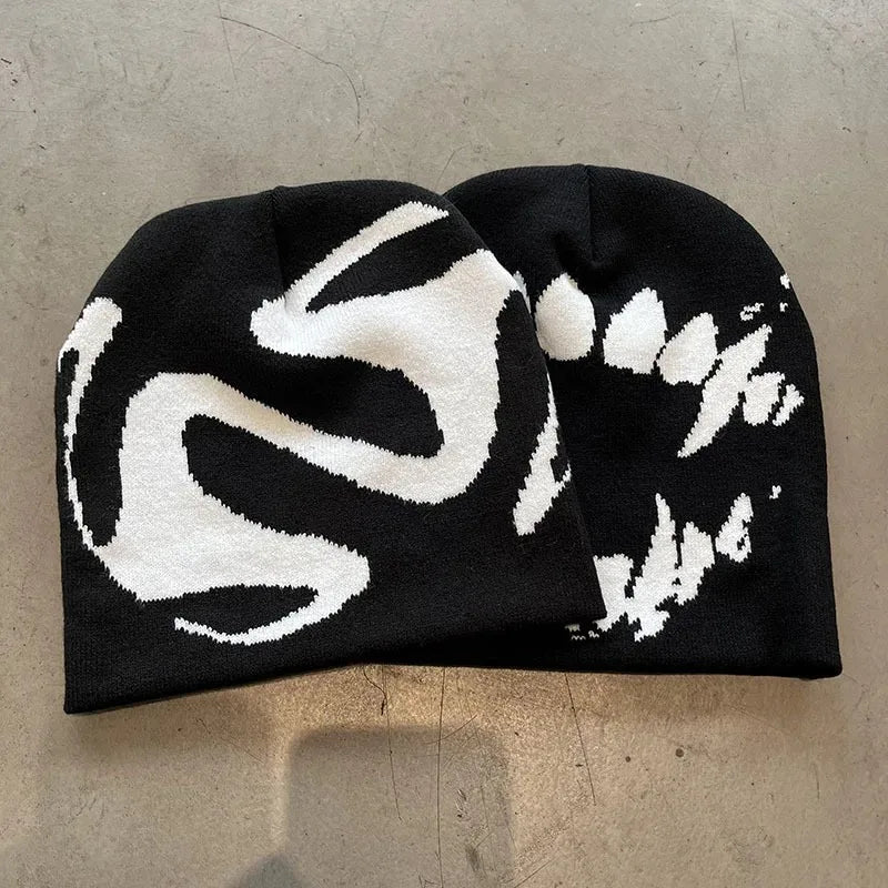 Gothic Streetwear Beanie – Dark Bold Knit Winter Hat for Men & Women