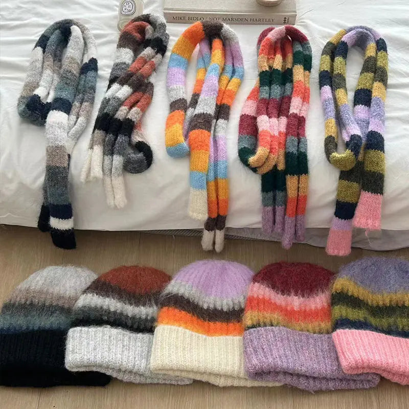 Rainbow Striped Beanie & Scarf Set – Wool Blend Winter Accessories for Men & Women
