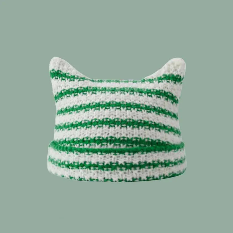 Cat Ear Stripe Knit Beanie – Playful Striped Winter Hat for Women & Girls