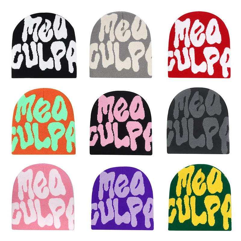 Y2K Hip Hop Beanie – Acrylic Print Knit Hat for Men & Women