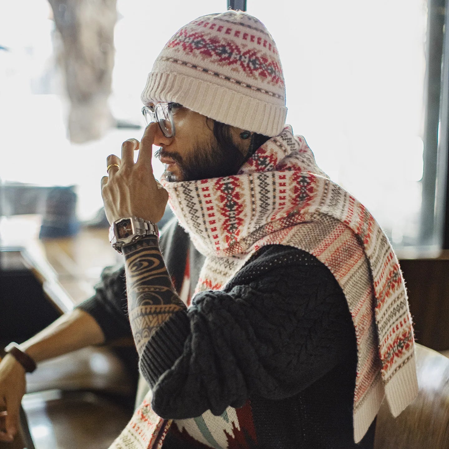 Fair Isle Beanie & Scarf Set – Windproof Nordic Knit Winter Set for Men & Women
